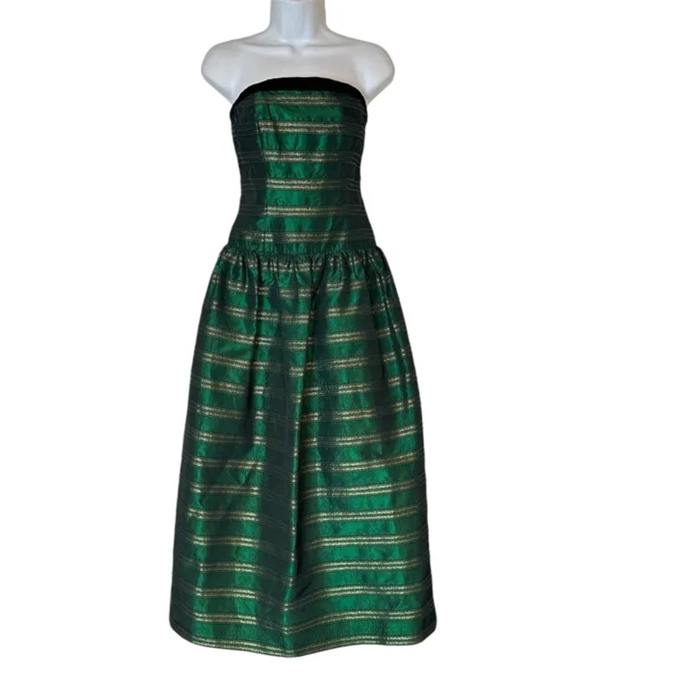 Vintage 80s Joan Leslie Fay Evenings Emerald Green Gold  Lined Dress Size 4